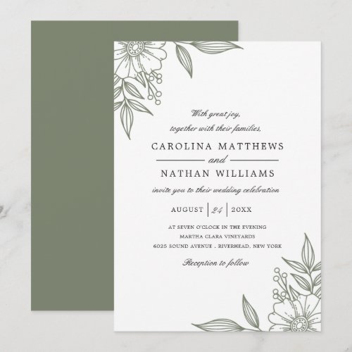 Simple Elegant Floral Corners Wedding Sage Invitation