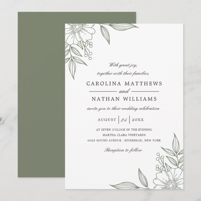Simple Elegant Floral Corners Wedding Sage Invitation (Front/Back)