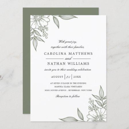 Simple Elegant Floral Corners Wedding Sage Invitation