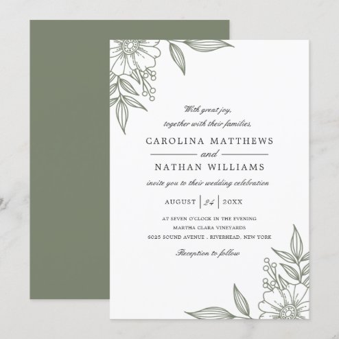 Wedding Invitations - Pink Dramatic personalized gifts for you Simple elegant floral corners sage wedding invitation