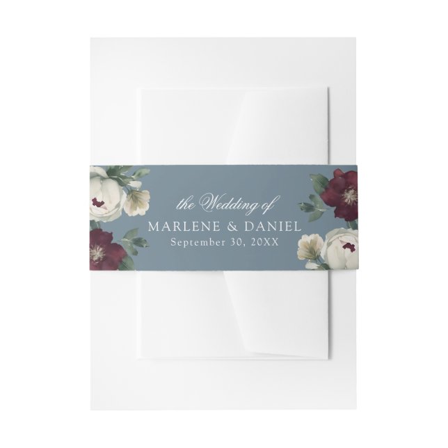 Simple Elegant Floral Dusty Blue Formal Wedding Invitation Belly Band (Front Example)