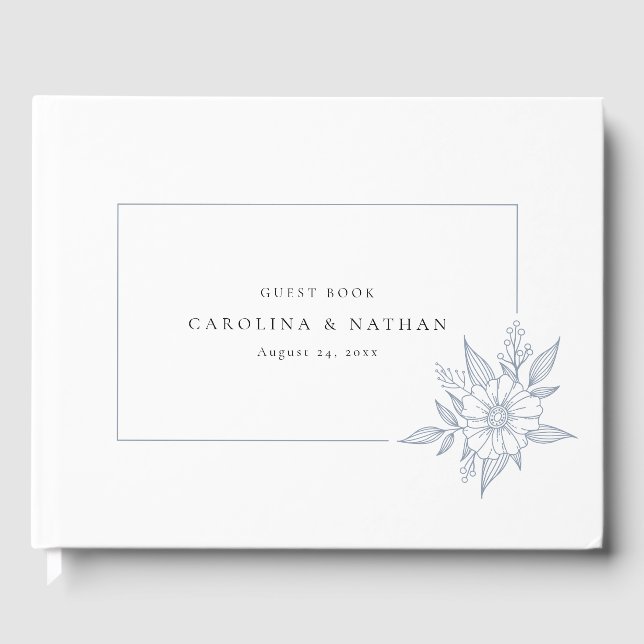 Simple Elegant Floral Dusty Blue Wedding Guest Book (Front)