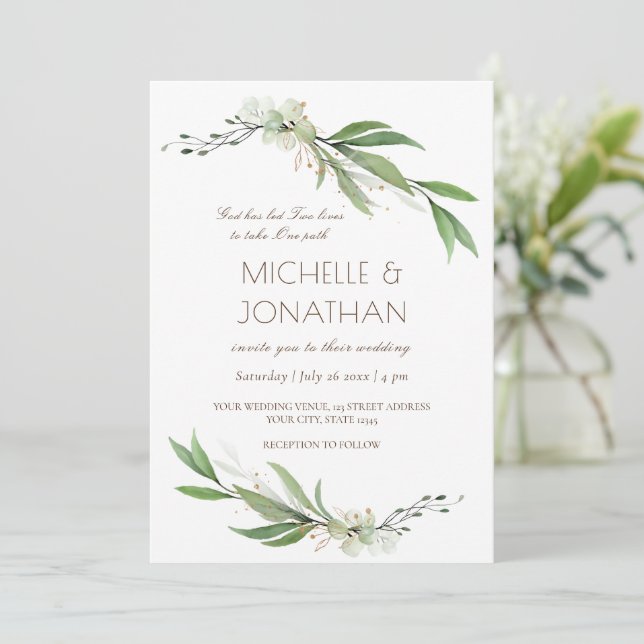 Simple Elegant Floral Greenery Christian Wedding Invitation (Standing Front)
