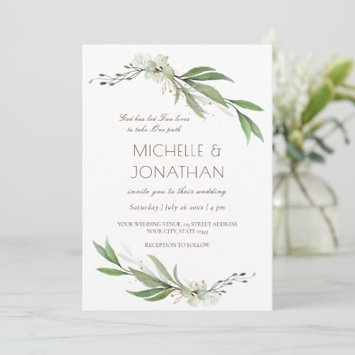 Simple Elegant Floral Greenery Christian Wedding Invitation