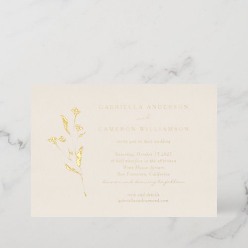Simple Elegant Floral Ivory Black Drawing Wedding  Foil Invitation
