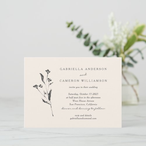 Simple Elegant Floral Ivory Black Drawing Wedding  Invitation
