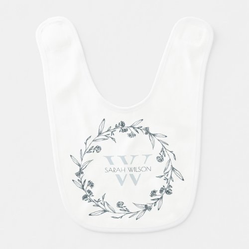 Simple Elegant Floral Laurel Wreath Monogram Baby Bib