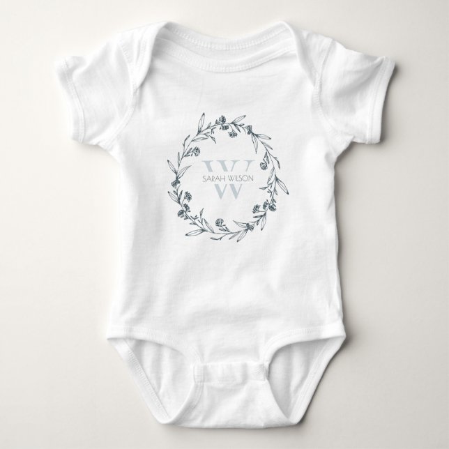 Simple Elegant Floral Laurel Wreath Monogram Baby Bodysuit (Front)
