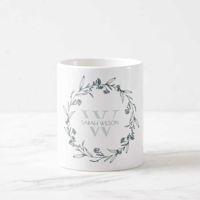 Simple Elegant Floral Laurel Wreath Monogram Coffee Mug (Center)