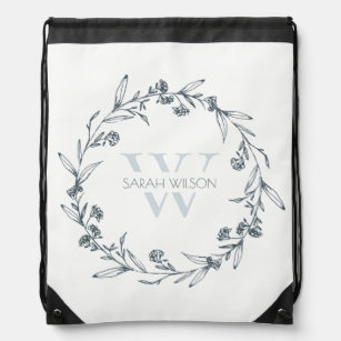 Simple Elegant Floral Laurel Wreath Monogram Drawstring Bag