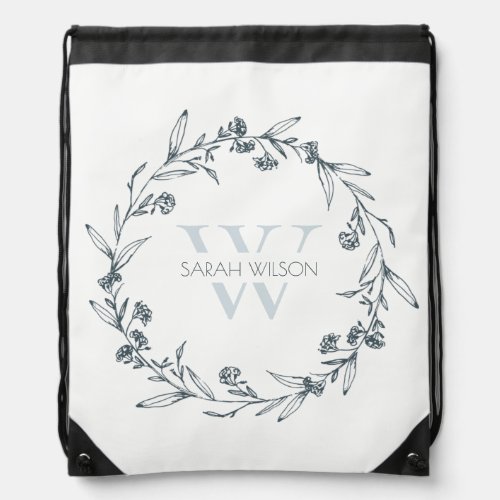 Simple Elegant Floral Laurel Wreath Monogram Drawstring Bag