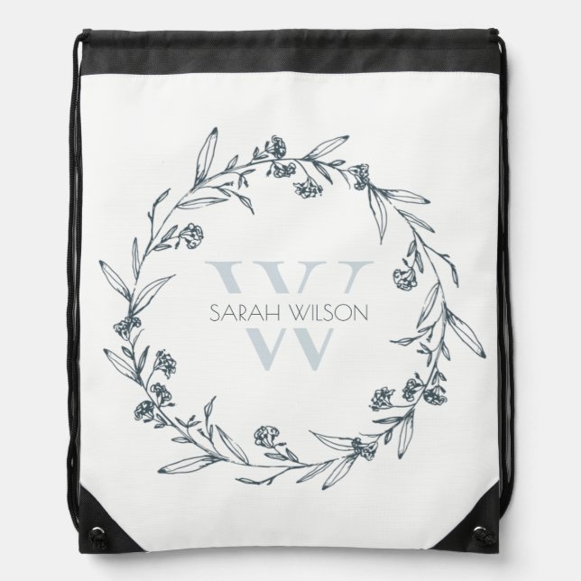 Simple Elegant Floral Laurel Wreath Monogram Drawstring Bag (Front)