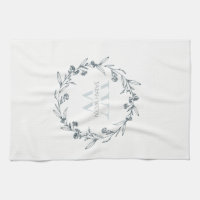 Navy Buffalo Plaid Kitchen Towel, Laurel Wreath Personalized Dish