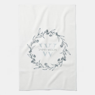 Simple Elegant Floral Laurel Wreath Monogram Kitchen Towel