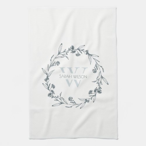 Simple Elegant Floral Laurel Wreath Monogram Kitchen Towel