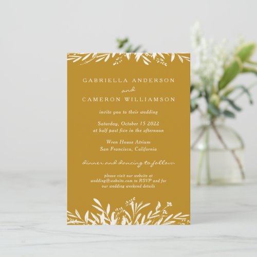 Simple Elegant Floral Mustard Yellow Boho Wedding Invitation
