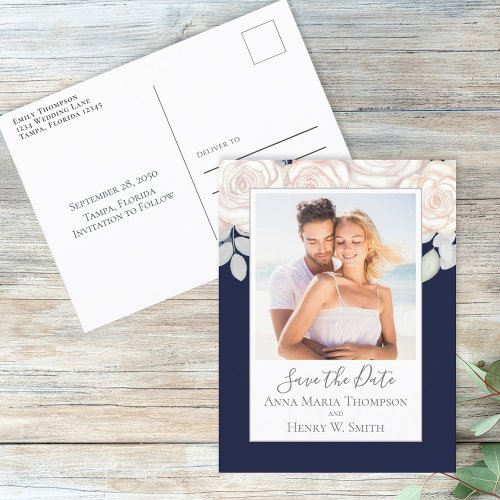 Simple Elegant Floral Navy Blue Blush Rose Bouquet Postcard