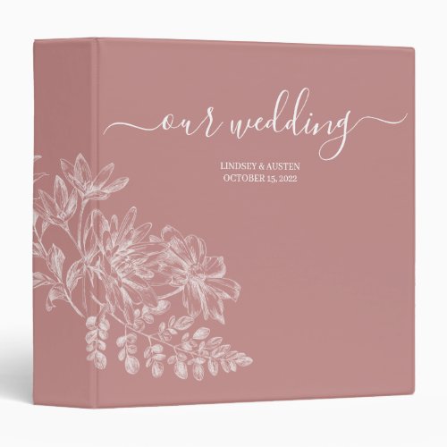 Simple Elegant Floral Pink White Script Wedding 3 Ring Binder