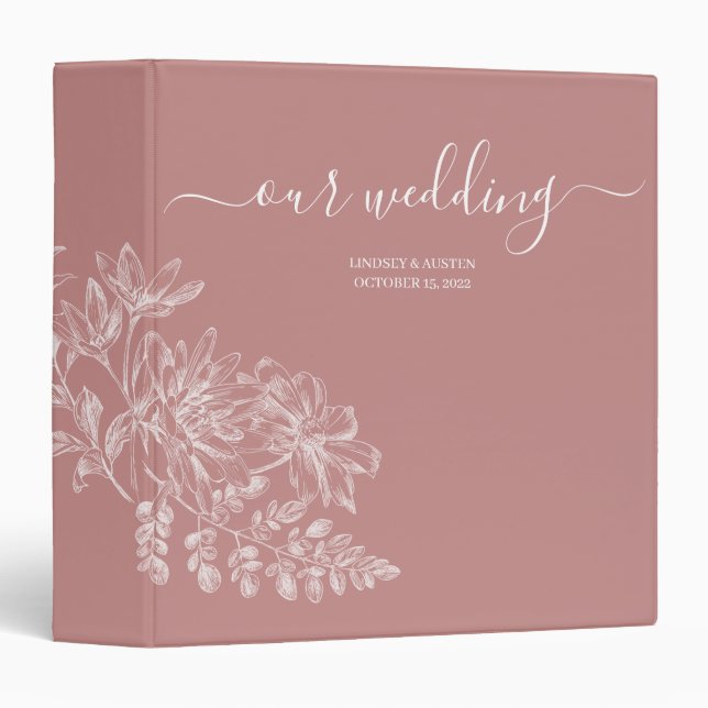 Simple Elegant Floral Pink White Script Wedding 3 Ring Binder (Front/Spine)