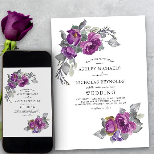 Simple Elegant Floral Purple Flowers Wedding Invitation
