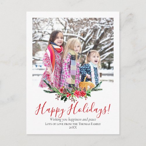 Simple Elegant Floral Red Christmas Wreath Family Holiday Postcard