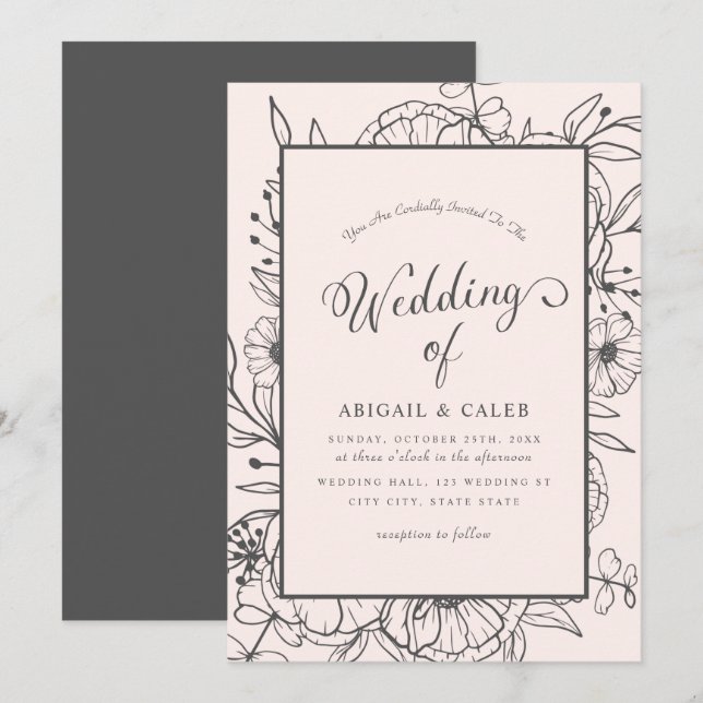 Simple Elegant Floral Sketch Pink & Gray Wedding Invitation (Front/Back)