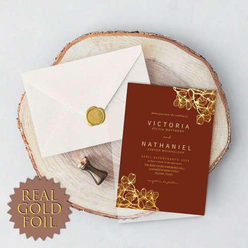 Simple Elegant Floral Summer Wedding Real Gold Foil Invitation