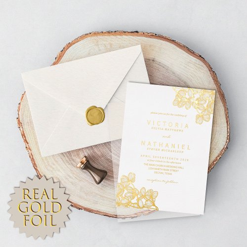 Simple Elegant Floral Summer Wedding Real Gold Foil Invitation