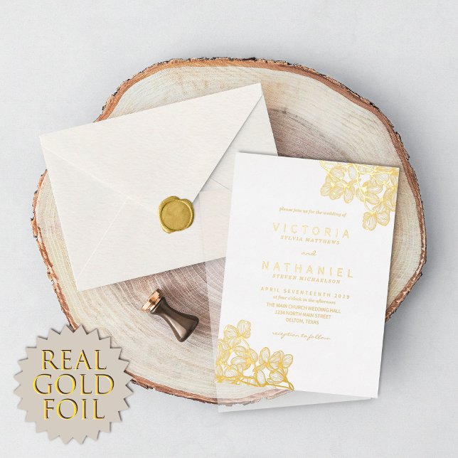 Simple Elegant Floral Summer Wedding Real Gold Foil Invitation (Creator Uploaded)