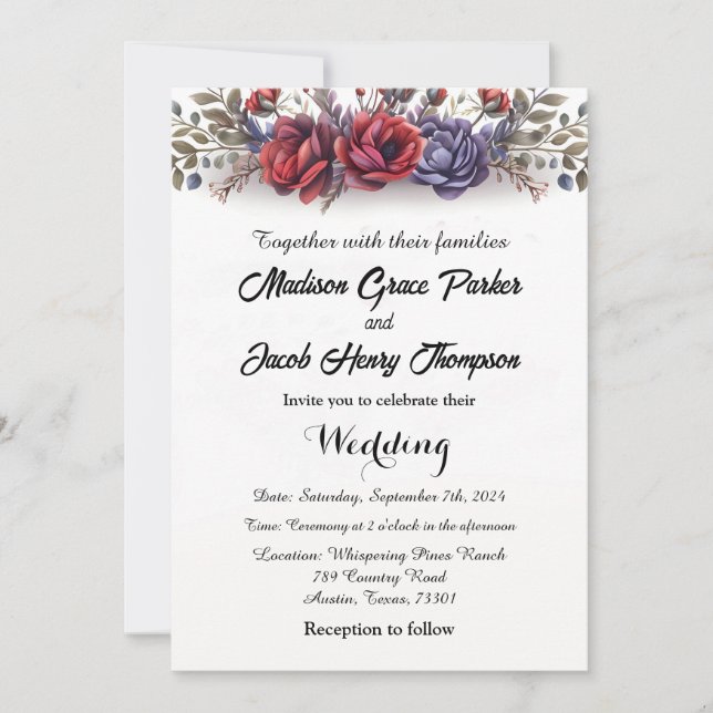 Simple, elegant, floral wedding invitation (Front)