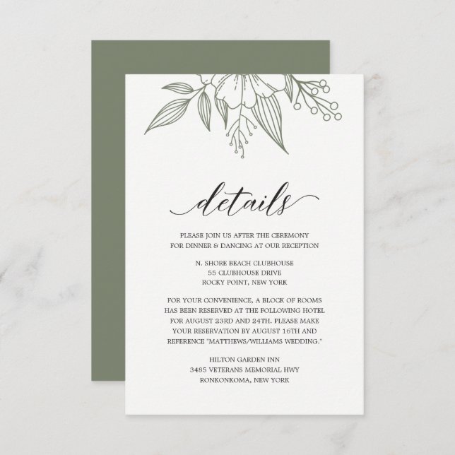 Simple Elegant Floral Wedding Sage Enclosure Card (Front/Back)