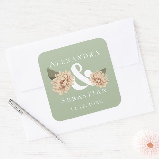 Simple Elegant Floral Wedding Save The Date Square Sticker (Envelope)