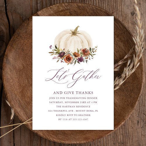 Simple Elegant Floral White Pumpkin Thanksgiving  Invitation