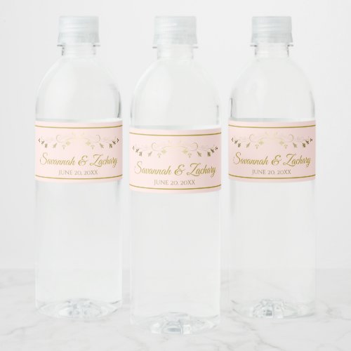 Simple Elegant Flourish Blush Pink  Gold Wedding Water Bottle Label