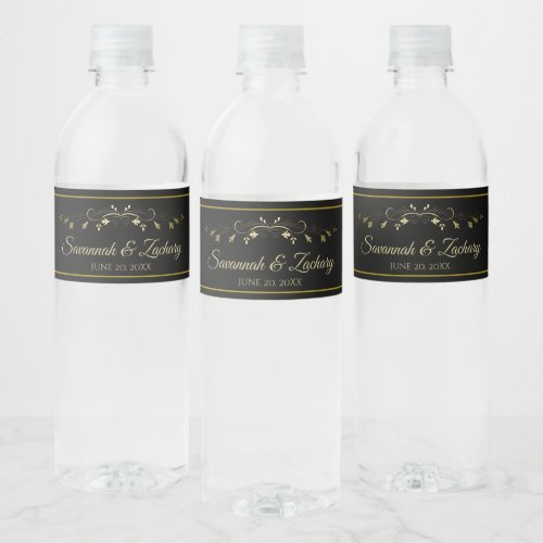 Simple Elegant Flourish Gold  Black Wedding Water Bottle Label