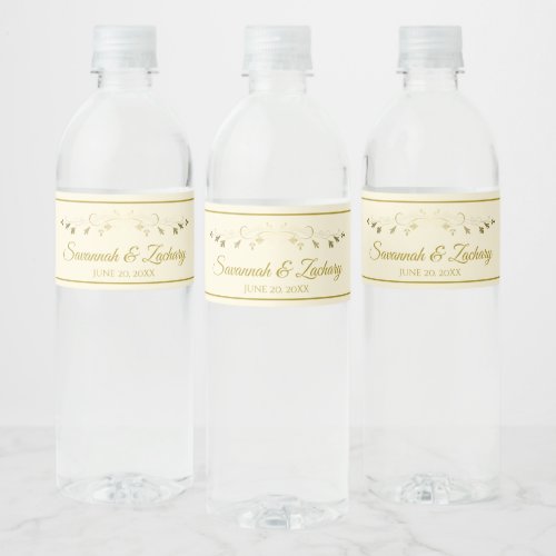 Simple Elegant Flourish Gold  Cream Wedding Water Bottle Label