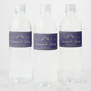 Simple Elegant Flourish Gold & Navy Blue Wedding Water Bottle Label