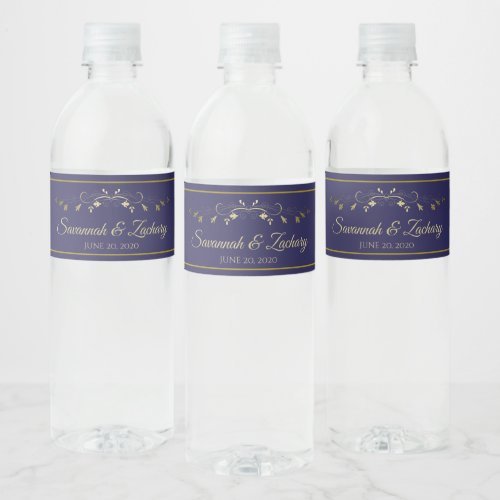 Simple Elegant Flourish Gold  Navy Blue Wedding Water Bottle Label