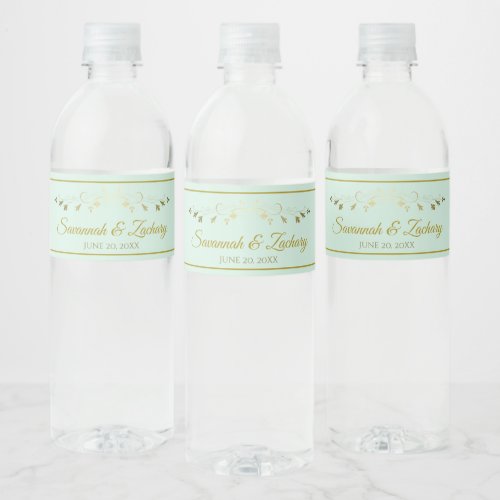 Simple Elegant Flourish Mint Green  Gold Wedding Water Bottle Label