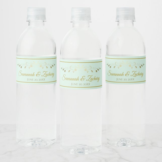 Simple Elegant Flourish Mint Green & Gold Wedding Water Bottle Label (Bottles)