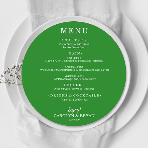 Simple Elegant Forest Green Round Wedding Dinner Menu