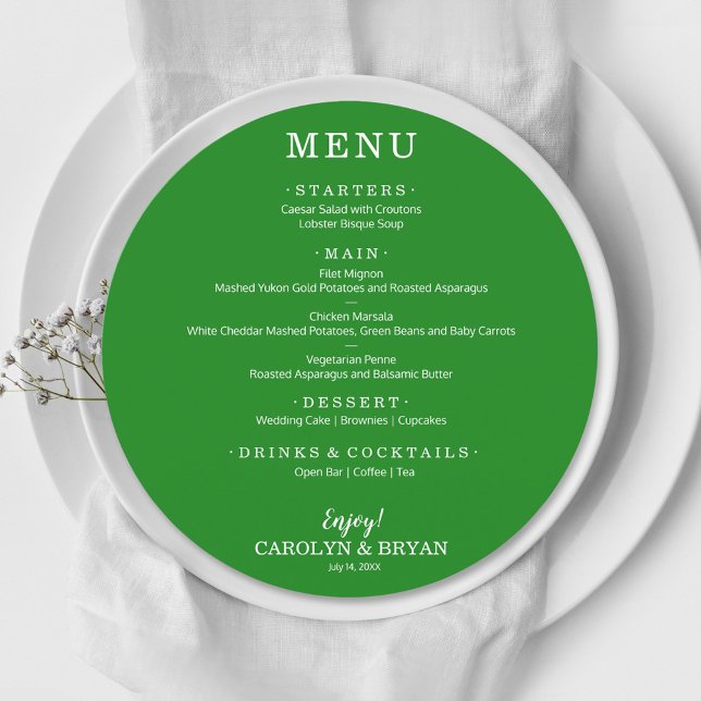 Simple Elegant Forest Green Round Wedding Dinner Menu (Creator Uploaded)