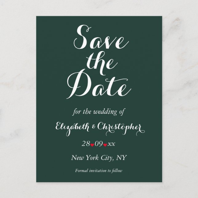 Simple Elegant Forest Green Wedding Save the Date Postcard (Front)