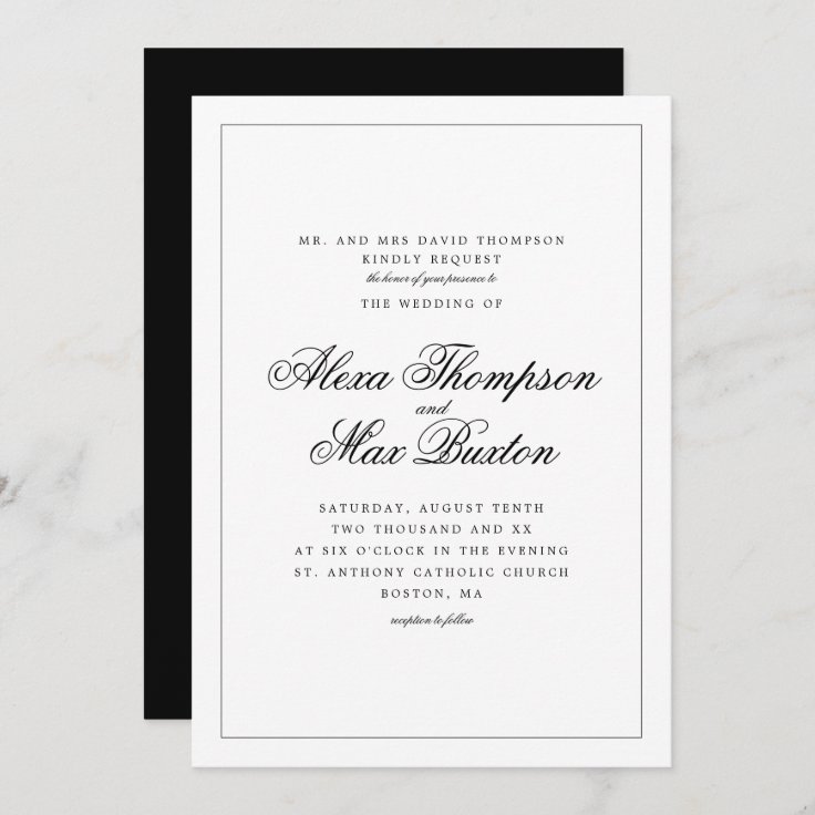 Simple Elegant Formal Black and White Wedding Invitation | Zazzle