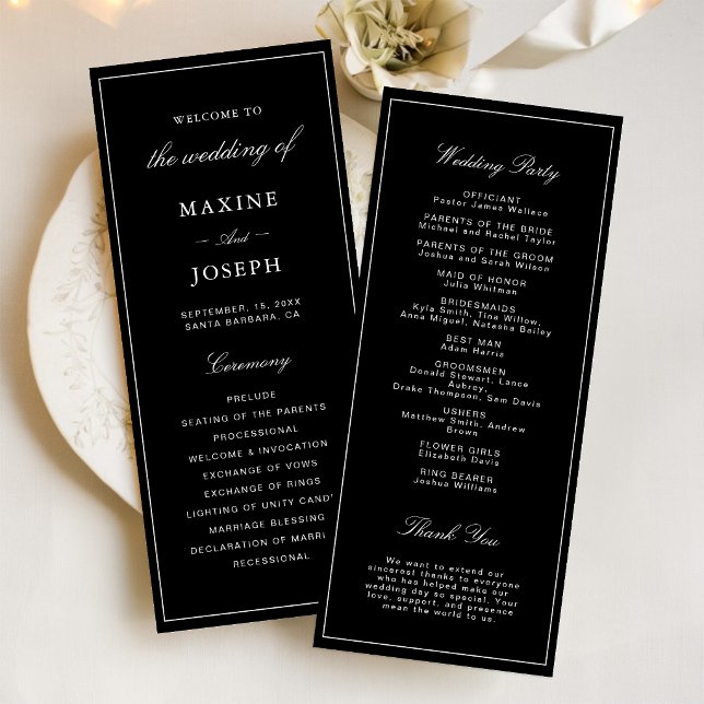 Simple Elegant Formal Black & White Wedding Program (Simple black and white wedding program keeps guests informed with elegant style.)