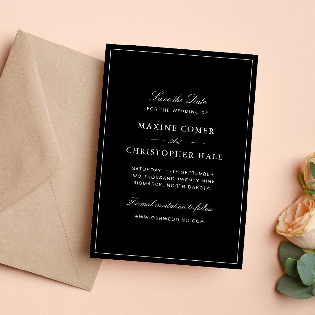 Simple Elegant Formal Black & White Wedding Save The Date (Simple black and white save the date announces your wedding with timeless elegance.)
