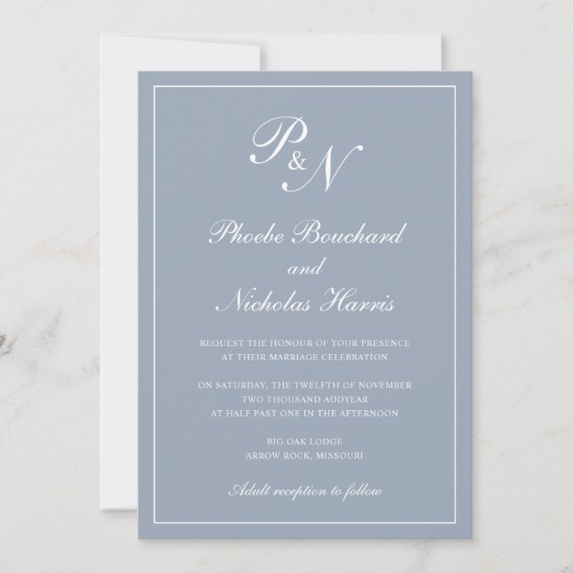 Simple Elegant Formal Monogram Dusty Blue Wedding Invitation (Front)
