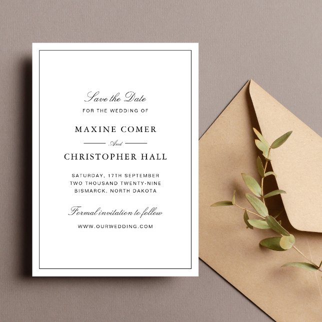 Simple Elegant Formal White & Black Wedding Save The Date (Elegant white and black wedding save the date announces your special day with style.)