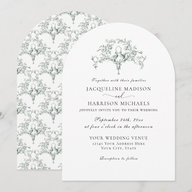 Simple Elegant French Toile Forest Green Doves Invitation (Front/Back)