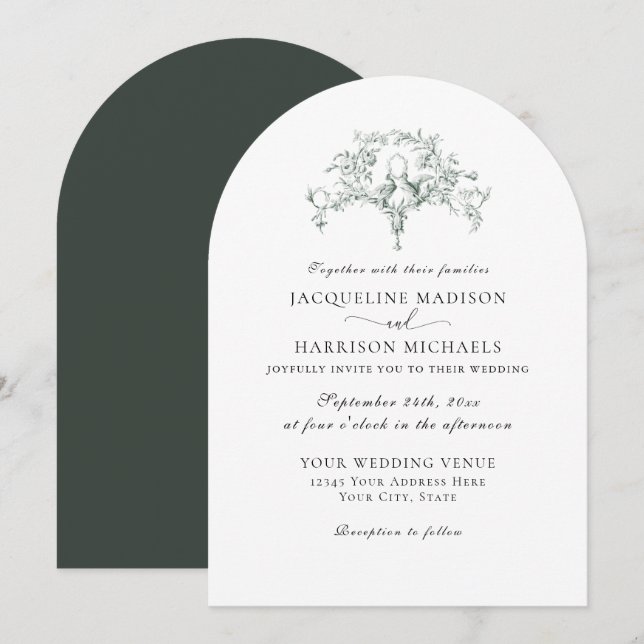 Simple Elegant French Toile Forest Green Doves Invitation (Front/Back)
